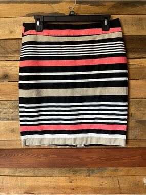 Banana Republic Coral, Black, Cream & White Striped Pencil Skirt